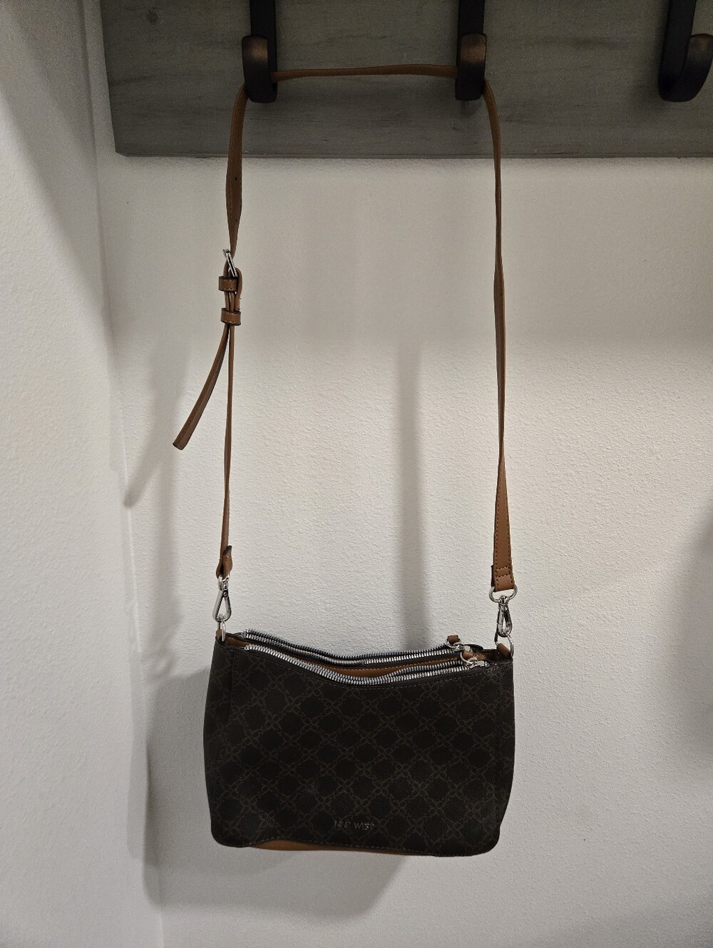 Nine West Brown Patterned Crossbody Bag with Adjustable Tan Strap